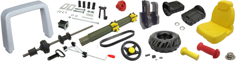 Grosses Sortiment mit Rolly Toys Ersatzteilen, Einzelteilen und Zubehör für die Reparatur von Trettraktoren und Anhängern