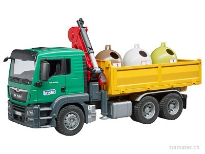 Bruder MAN TGS Kran-LKW mit 3 Altglascontainern
